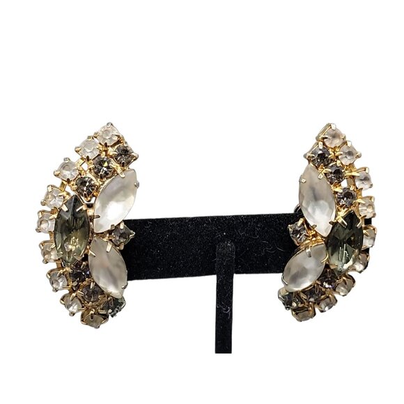 Elsa Schiaparelli Clip On Earrings Vtg 1950s Smokey Quartz Frosty Glass Unsigned - Picture 6 of 12